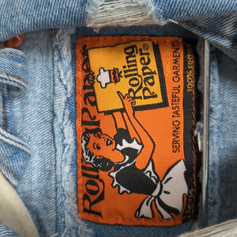 Rolling Paper Women's Blue Distressed Paint Flecked Denim Jacket Size‎ M - Picture 5 of 8